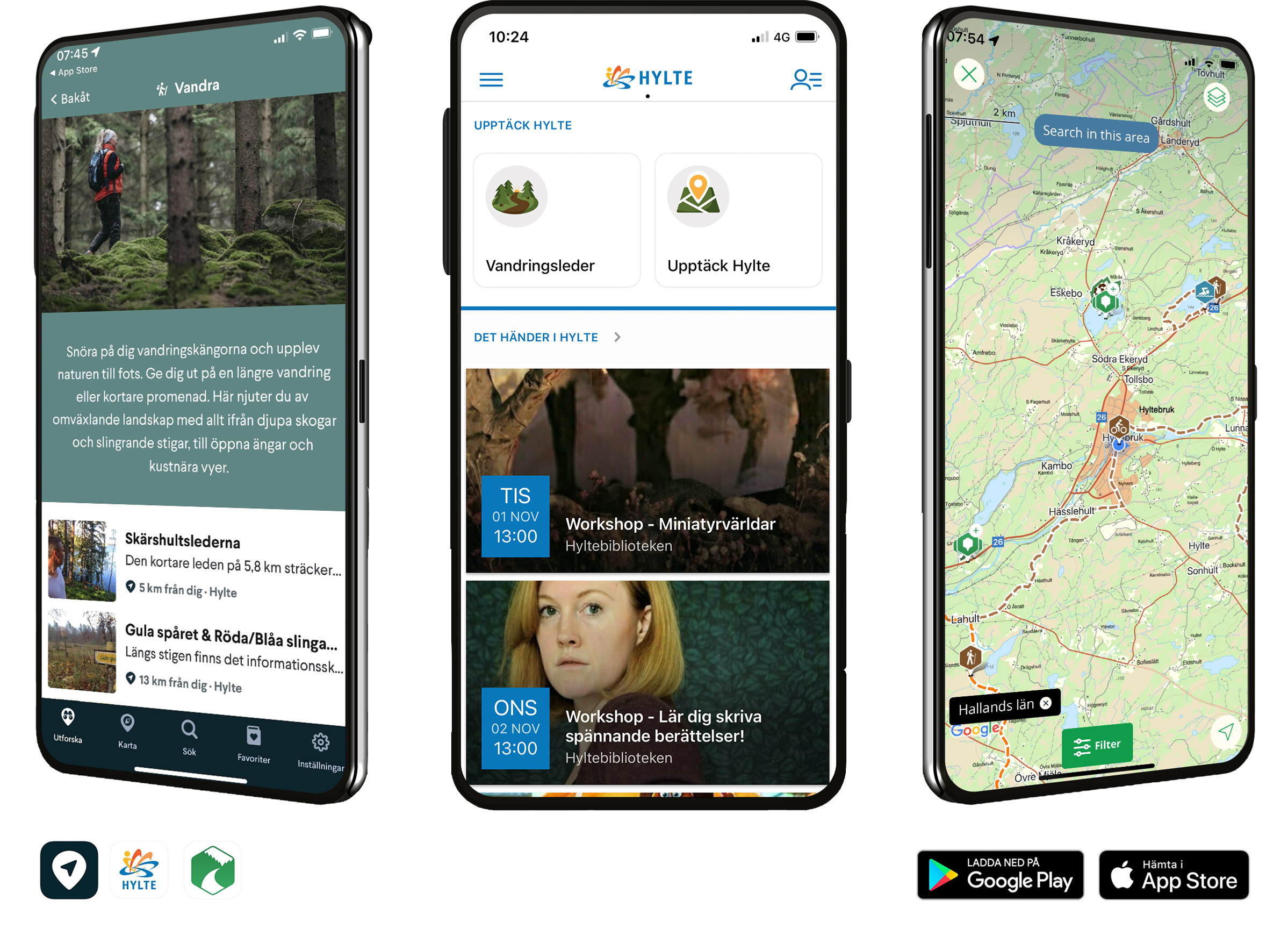 Tre smartphones som visar tre olika appar.