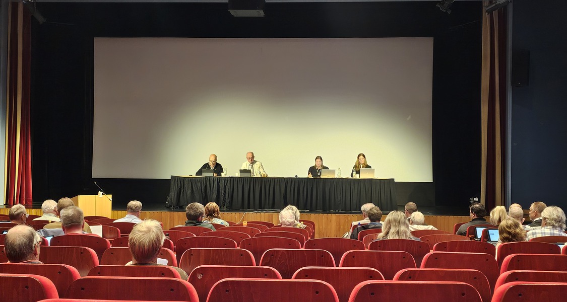 En samling människor sitter i biosalen inne i Forum, på scenen sitter det fyra personer.