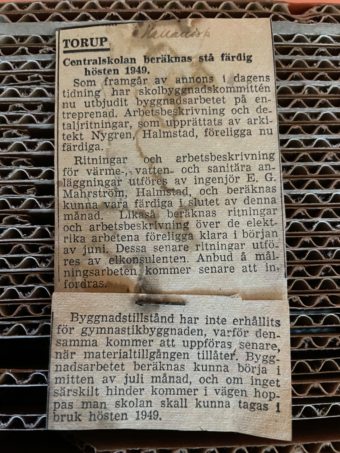 Nyhetsartikel om bygget av Torups skola 1949