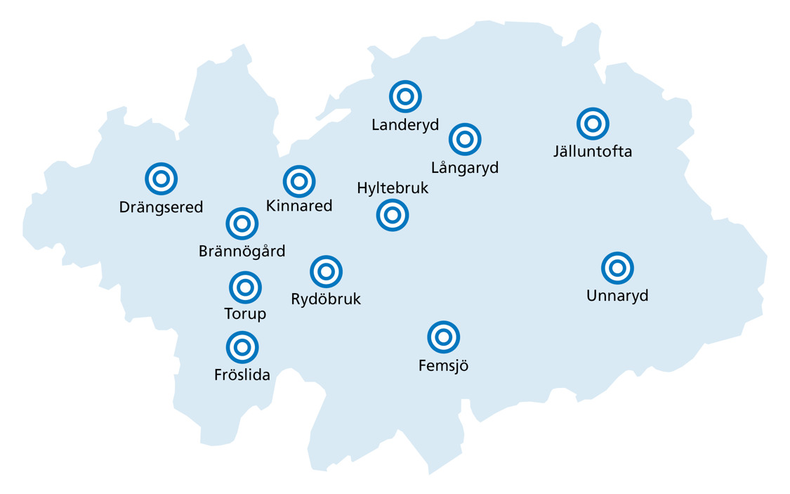 En karta över Hylte kommun med alla större orter.