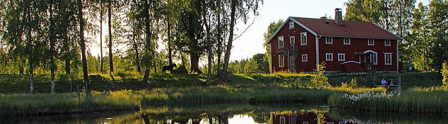 Ett rött hus som ligger på toppen av en frodig grön äng vid vattnet.